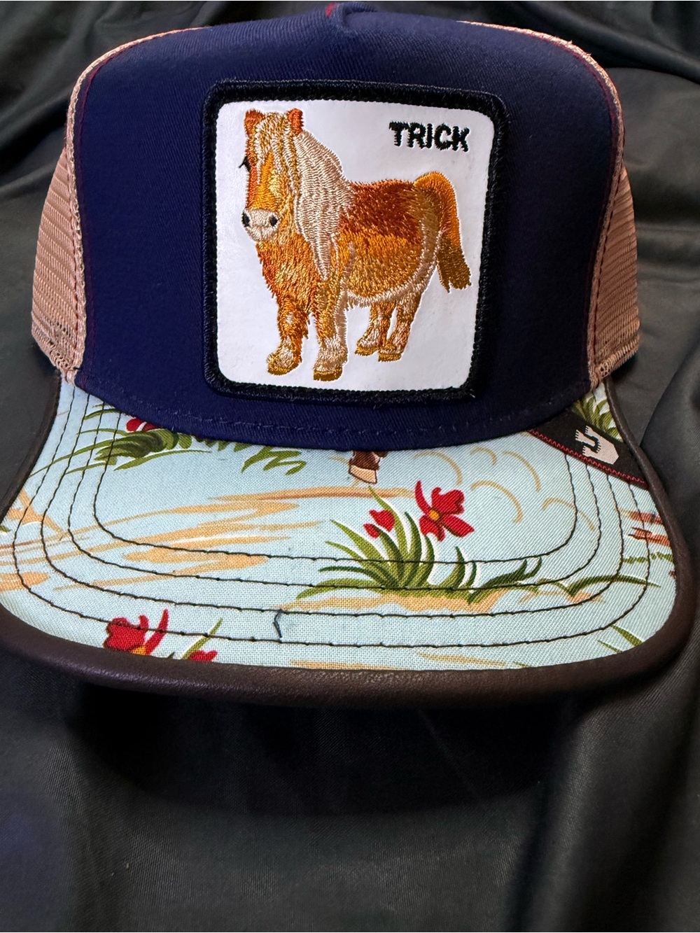 Goorin Bros Navy and Tan Trucker Hat with Pony Patch and Floral Bill